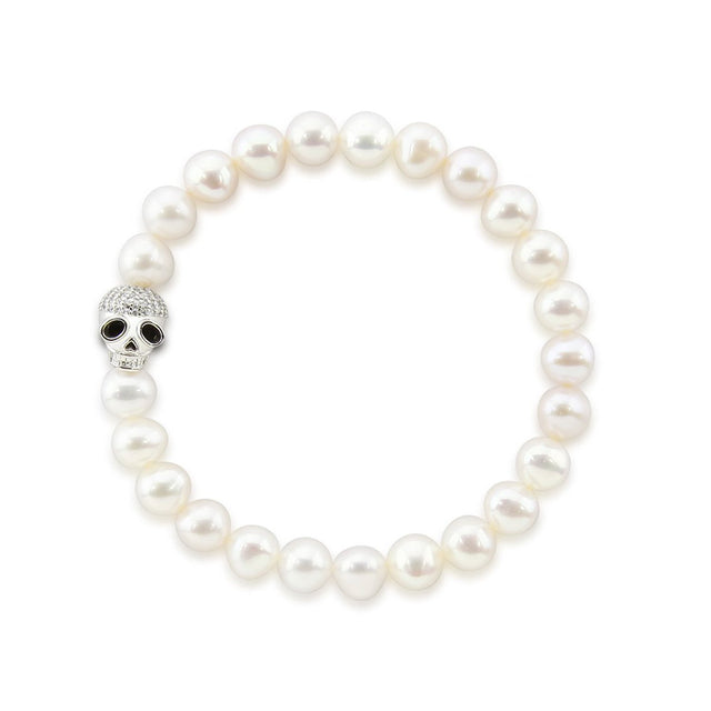 7–8mm White Freshwater Pearl Skull Bead Bracelet, 8"