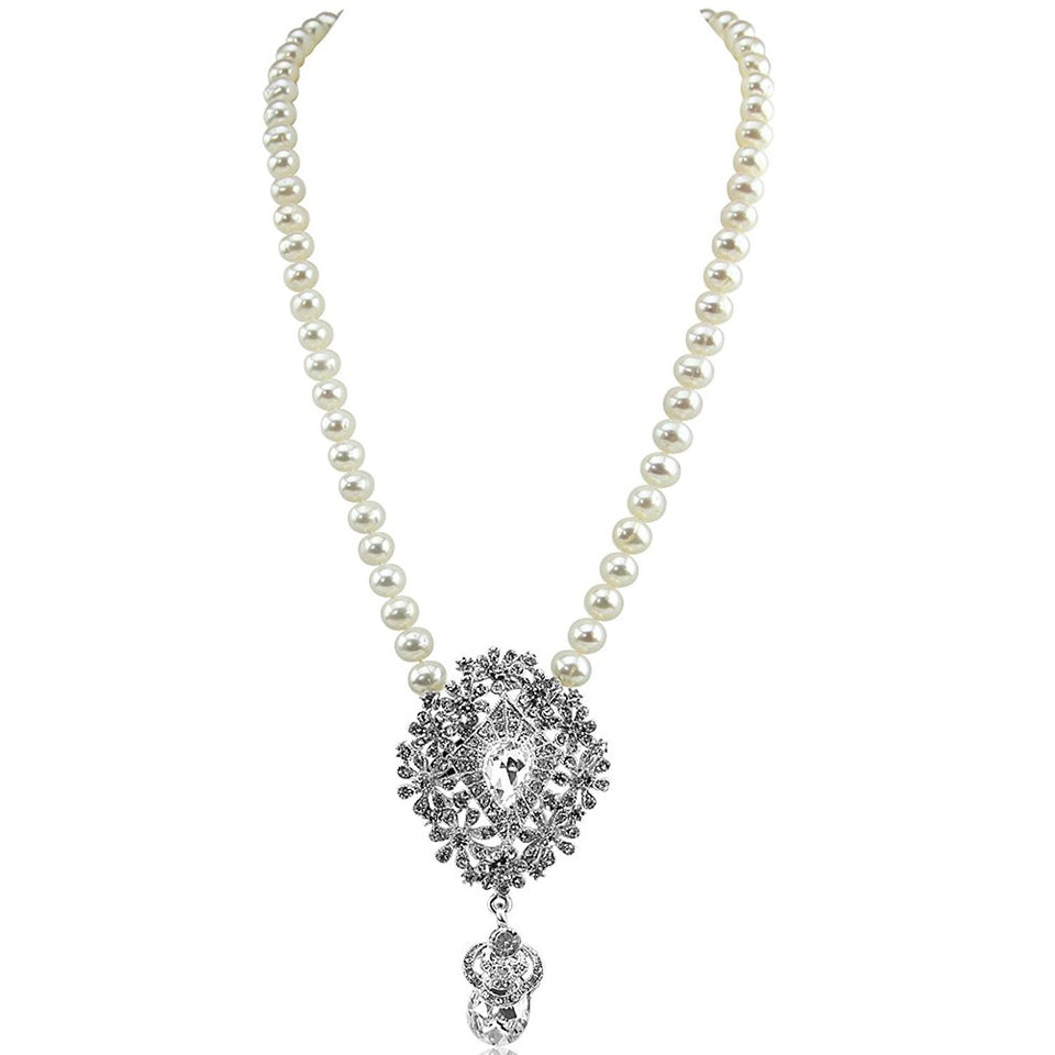 7.5–8mm White Freshwater Cultured Pearl Necklace, 20", with Rhinestone Pendant