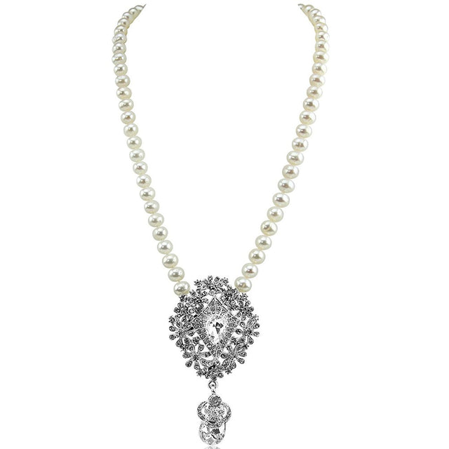 7.5–8mm White Freshwater Pearl Necklace with Rhinestone Pendant, 18"