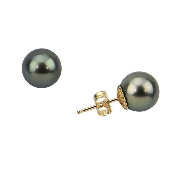 14K Yellow Gold 10–11mm Dark Grey Tahitian Cultured Pearl Stud Earrings