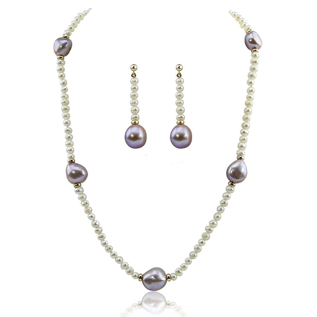 14K Yellow Gold 11–13mm Lavender and 4–5mm White Baroque Freshwater Cultured Pearl Necklace, 18", and Earrings Set