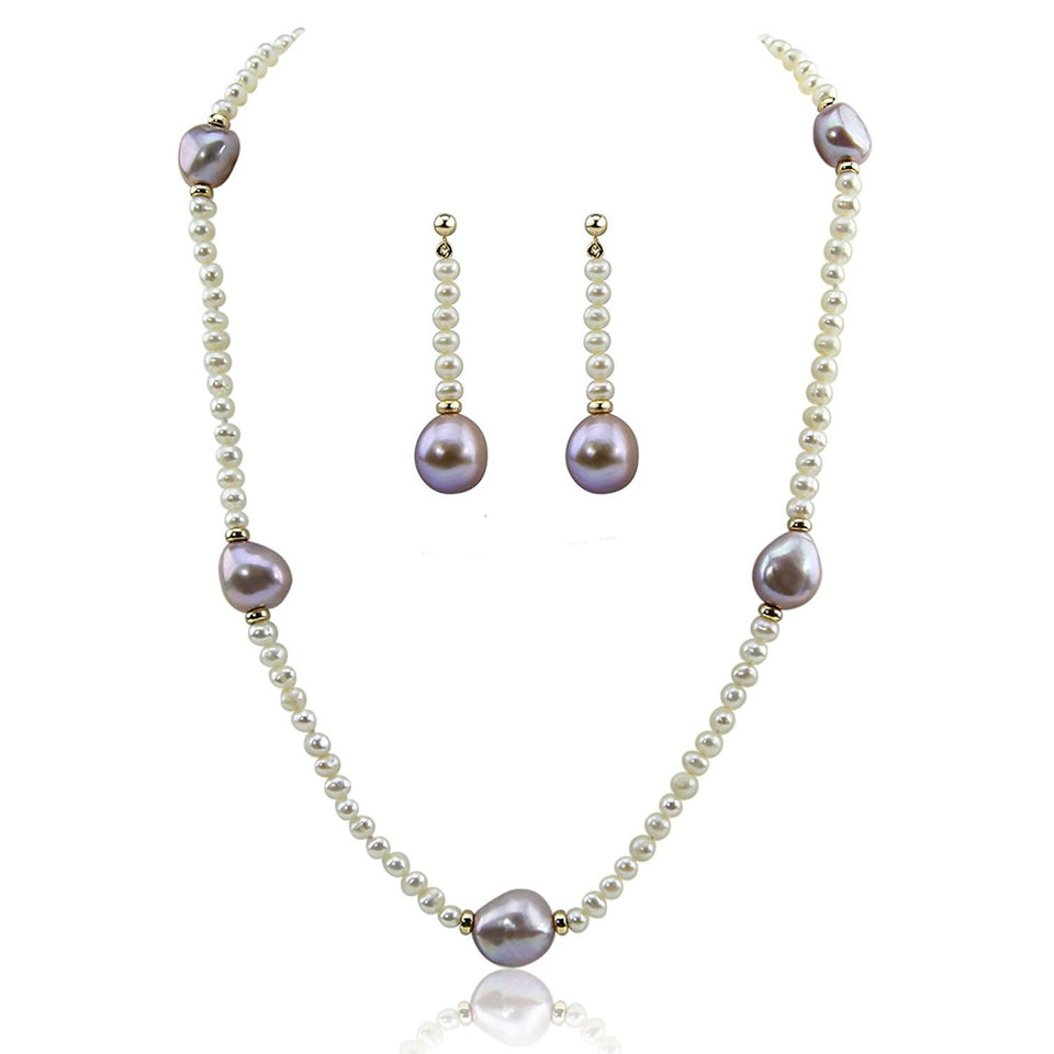 14K Yellow Gold 4–5mm White and 11–13mm Lavender Baroque Freshwater Cultured Pearl Necklace, 16", and Earring Set