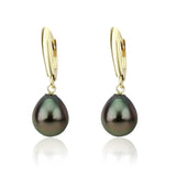 14K Yellow Gold 9.0-10.0mm Pear Black Tahitian Cultured Pearl Pendant and Lever-Back Earrings Set-03 — product view 3