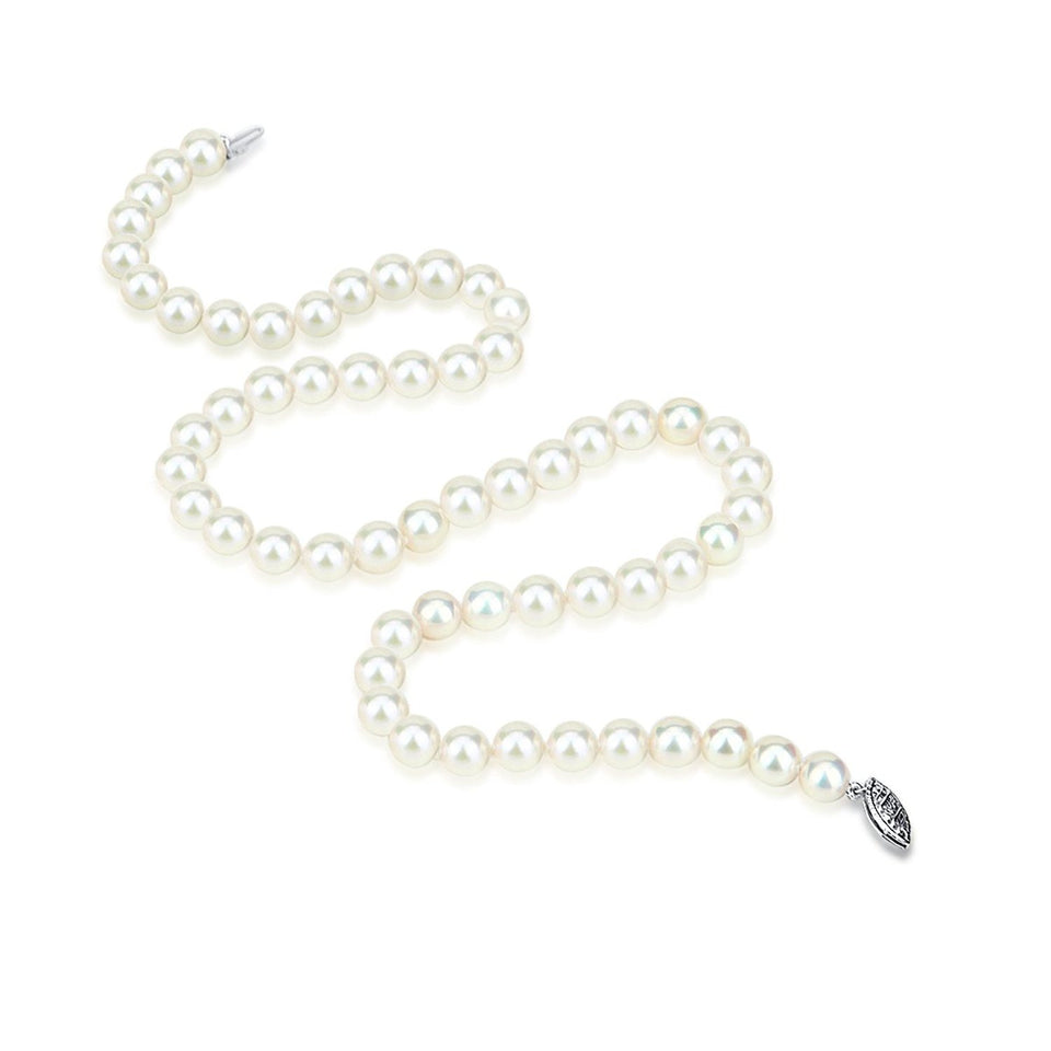 8–9mm white semi-round Freshwater cultured pearl necklace with an open fishhook clasp, shown in a curved layout.