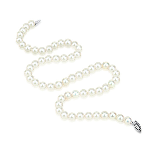 8–9mm white semi-round Freshwater cultured pearl necklace with an open fishhook clasp, shown in a curved layout.