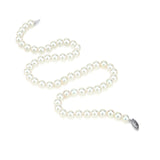 8–9mm white semi-round Freshwater cultured pearl necklace with an open fishhook clasp, shown in a curved layout.