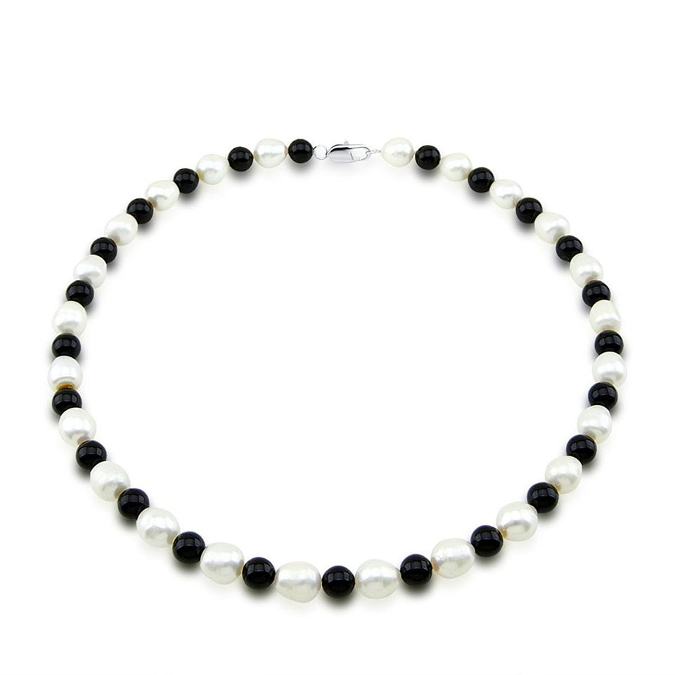 10–11mm White Freshwater Pearl & Black Onyx Necklace, 20"