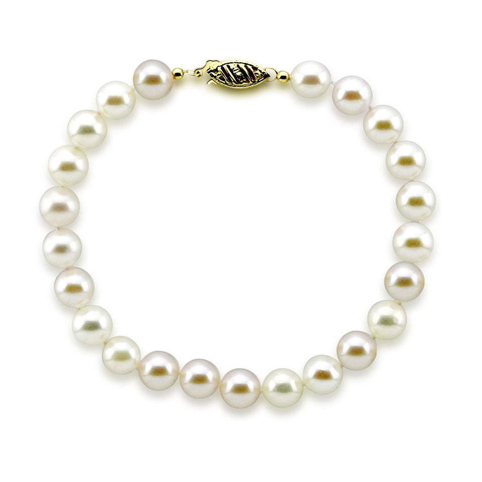 14K Yellow Gold 7–7.5mm White Akoya Cultured Pearl Bracelet, 7.5"