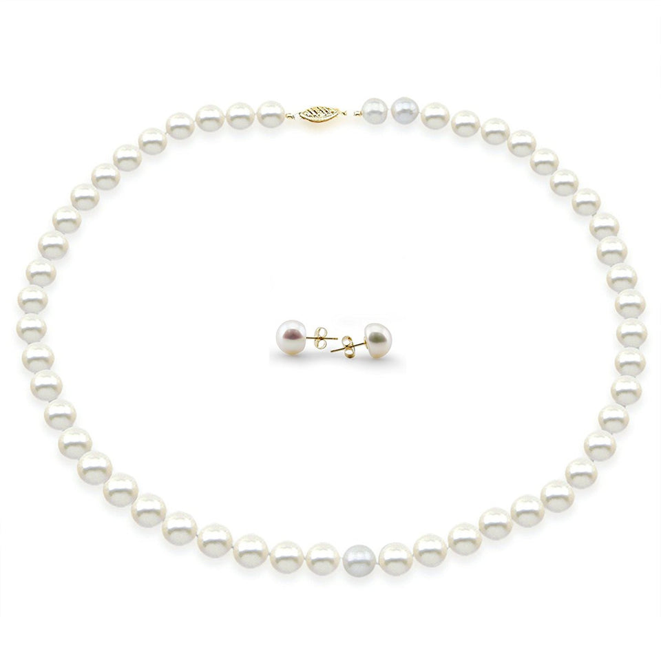 14K Yellow Gold 8–9mm White Freshwater Cultured Pearl Necklace, 18", and Earring Set