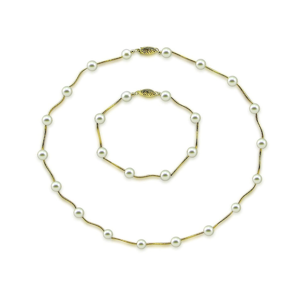 14K Gold 7–7.5mm White Akoya Pearl Necklace & Bracelet Set