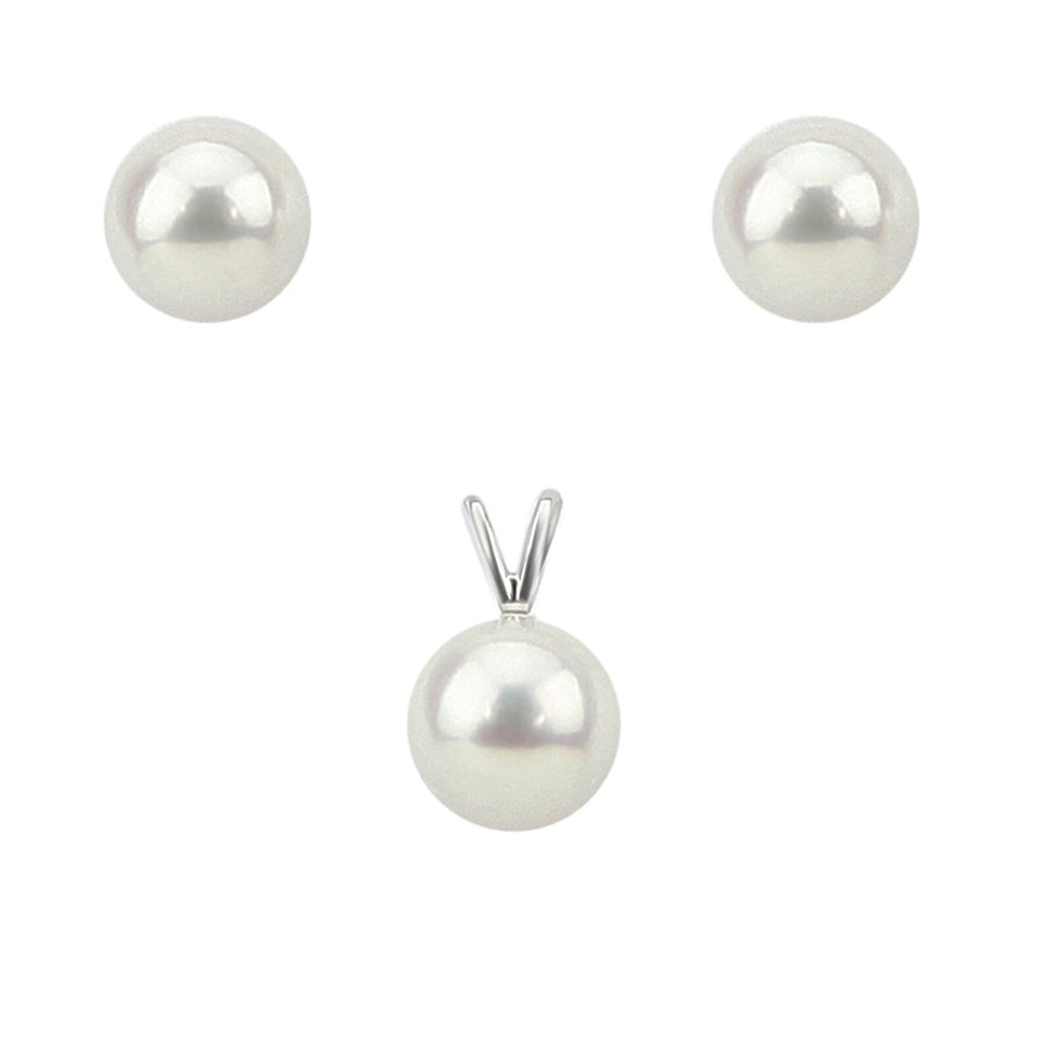 14K White Gold 8–9mm White Round Freshwater Cultured Pearl Stud Earrings and Pendant Set