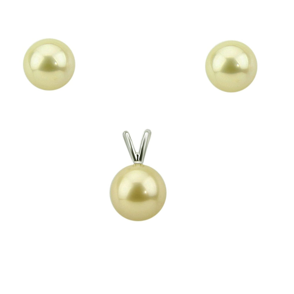 14K White Gold 9–10mm Light Golden South Sea Cultured Pearl Earrings and Pendant Set