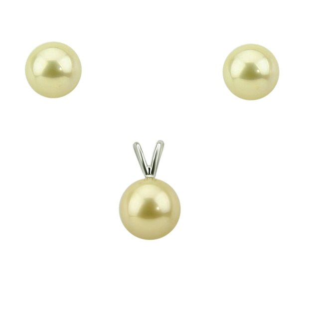 14K White Gold 9–10mm Light Golden South Sea Cultured Pearl Earrings and Pendant Set