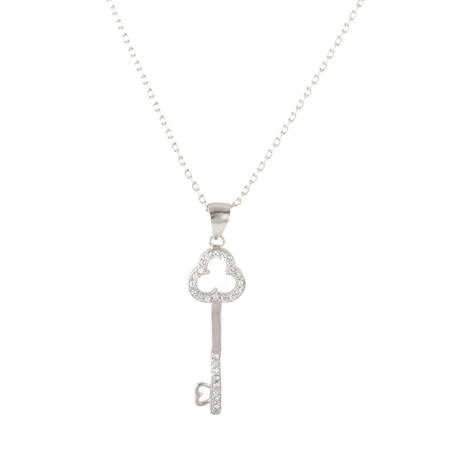 Sterling Silver Cubic Zirconia Pavé Key Pendant with 18" Chain