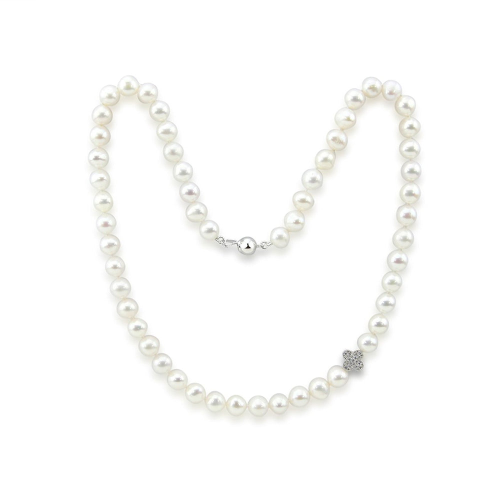 7–8mm White Freshwater Cultured Pearl Necklace, 17", with Four-Leaf Flower