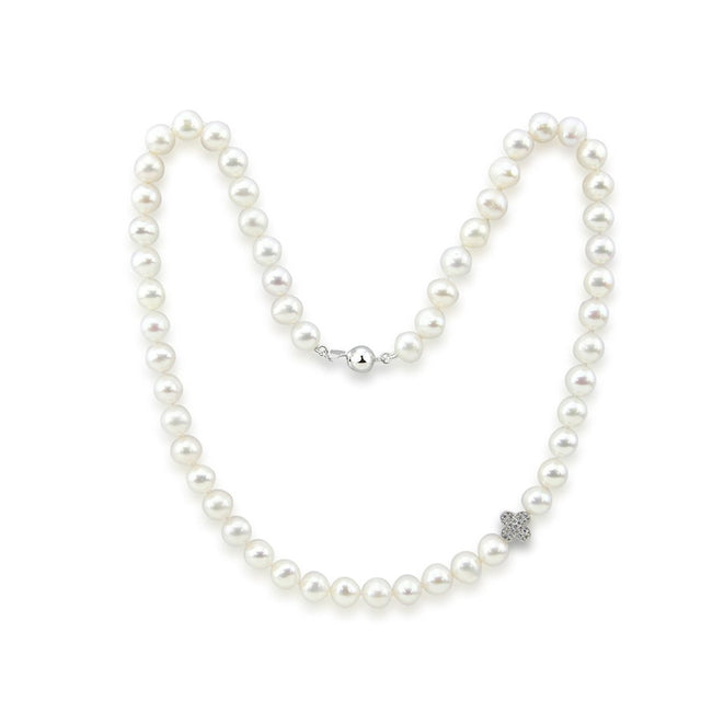 7–8mm White Freshwater Cultured Pearl Necklace, 17", with Four-Leaf Flower