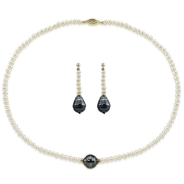 14K Yellow Gold 4–5mm Freshwater and 11–12mm Tahitian Cultured Pearl Necklace, 16", and Earring Set