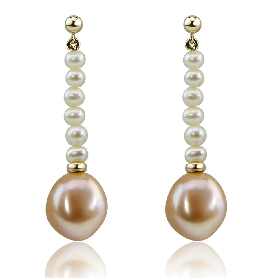 14K Yellow Gold 4–5mm White and 13–14mm Pink Baroque Freshwater Cultured Pearl Dangle Earring