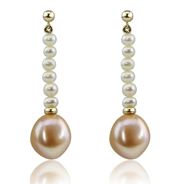 14K Yellow Gold 4–5mm White and 12–13mm Pink Baroque Freshwater Cultured Pearl Dangle Earrings