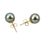 14K Yellow Gold 9–10mm Round Black Tahitian Cultured Pearl Pendant and Stud Earring Set