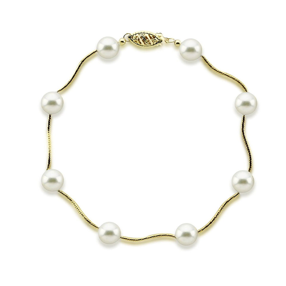 14K Yellow Gold 7–7.5mm White Akoya Cultured Pearl Station Bracelet, 7.5"