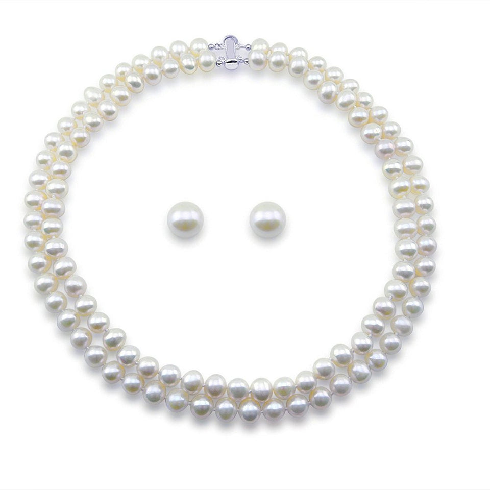 Sterling Silver 2-Row 8–9mm White Freshwater Cultured Pearl Necklace, 17" and 18", and 10–11mm Stud Earrings