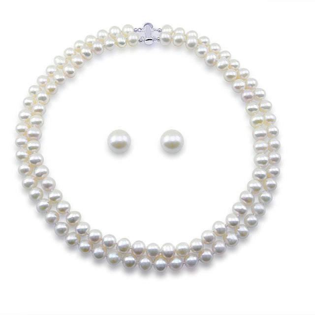Sterling Silver 2-Row 8–9mm White Freshwater Cultured Pearl Necklace, 17" and 18", and 10–11mm Stud Earrings