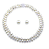 Sterling Silver 2-Row 8–9mm White Freshwater Cultured Pearl Necklace, 17" and 18", and 10–11mm Stud Earrings