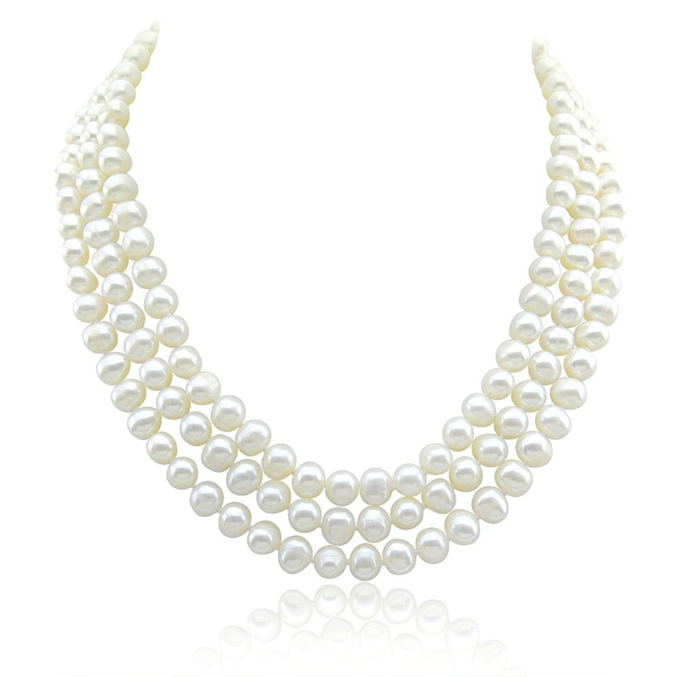 3-Row 7.5–8mm White Freshwater Pearl Necklace, 16.5–18"