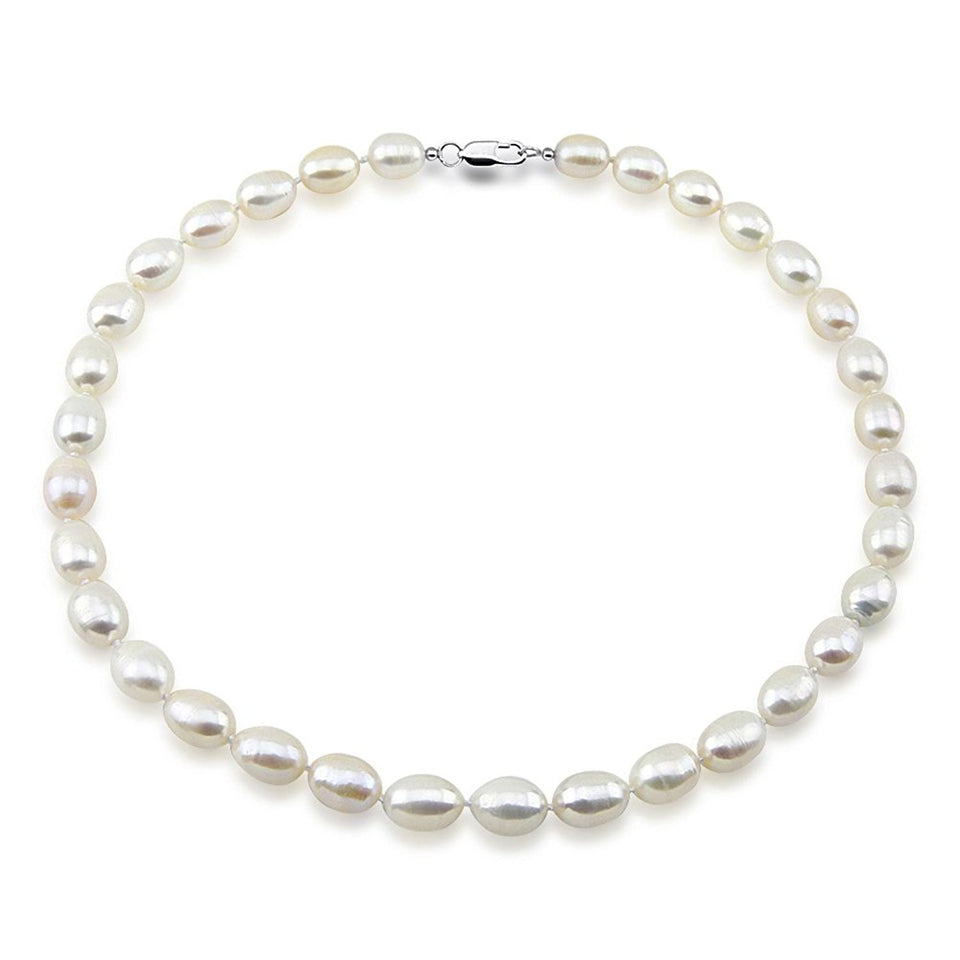 9–10mm White Rice-Shaped Freshwater Cultured Pearl Necklace, 18"