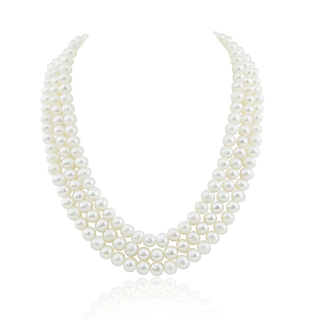 3-Row 6.5–7.5mm White Freshwater Pearl Necklace