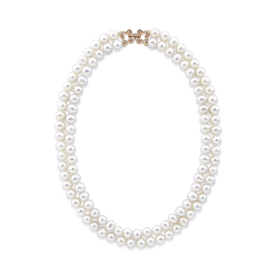 2-Row 7–7.5mm White Freshwater Cultured Pearl Necklace, 17", with Rose-Gold-Tone Base-Metal Rhinestone Clasp