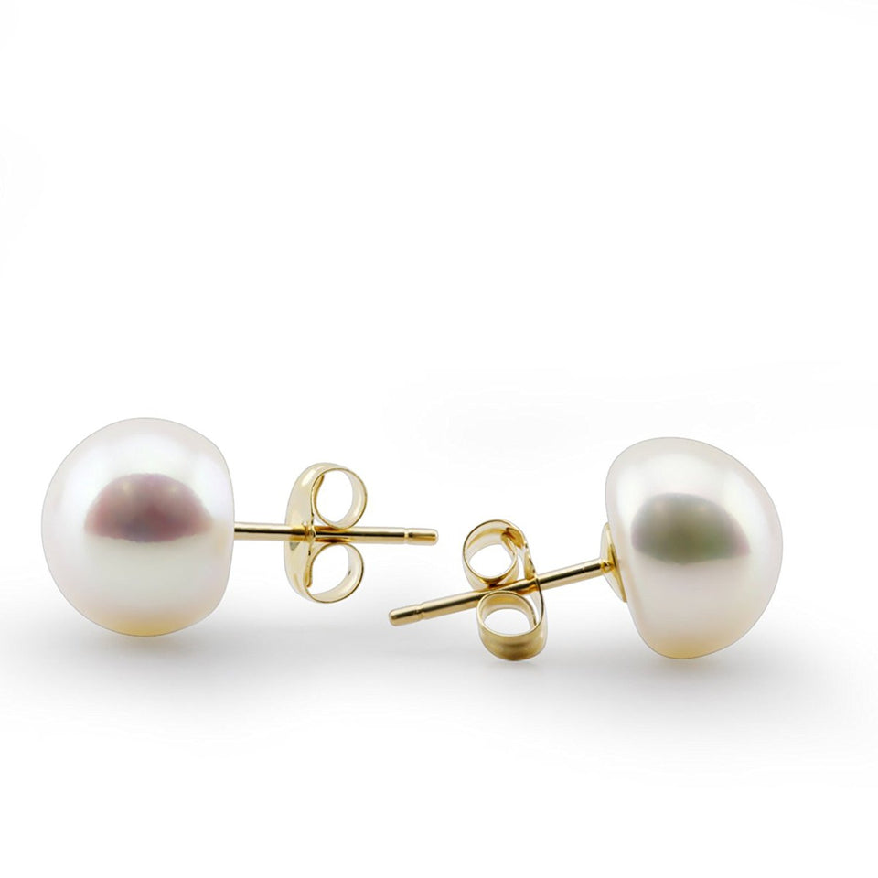 14K Gold 9–10mm Button Freshwater Pearl Stud Earrings