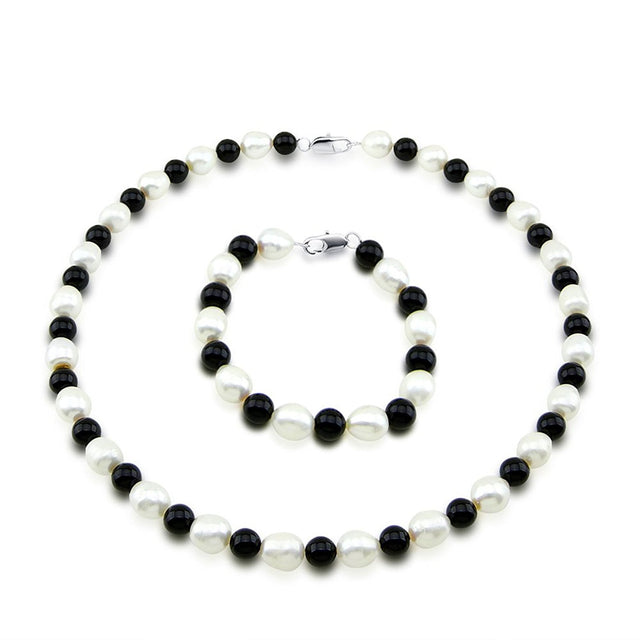 9–10mm White Freshwater Cultured Pearl and Black Onyx Necklace, 18", and Bracelet, 7.5", Set