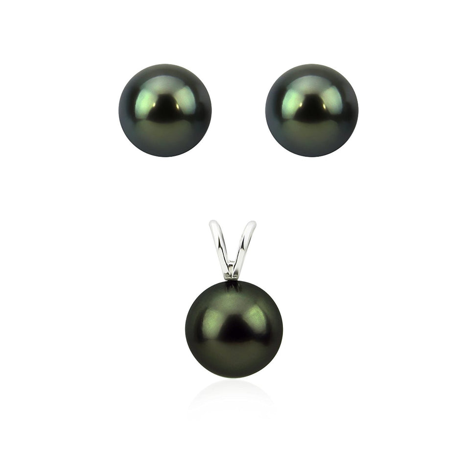 14K White Gold 9–10mm Black Tahitian Pearl Pendant & Earrings