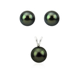 14K White Gold 9–10mm Black Tahitian Pearl Pendant & Earrings