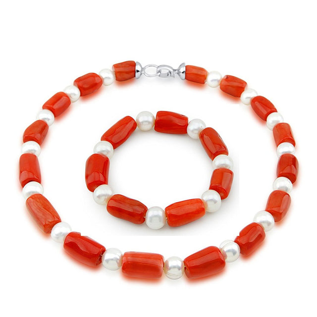 10–11mm Freshwater Cultured Pearl and Red Coral Necklace & Bracelet Set