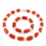 10–11mm Freshwater Cultured Pearl and Red Coral Necklace & Bracelet Set