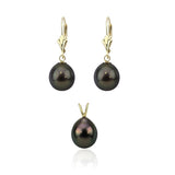 14K Yellow Gold 9–10mm Pear-Shaped Black Tahitian Cultured Pearl Pendant and Leverback Earring Set