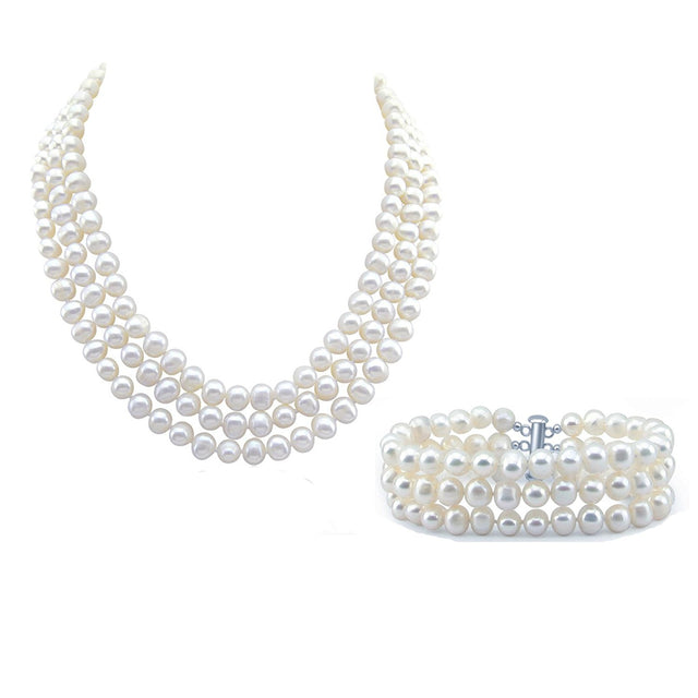 3-Row 6.5–7.5mm White Freshwater Cultured Pearl Necklace, 16.5", 17", 18", and Bracelet, 7.5", Set