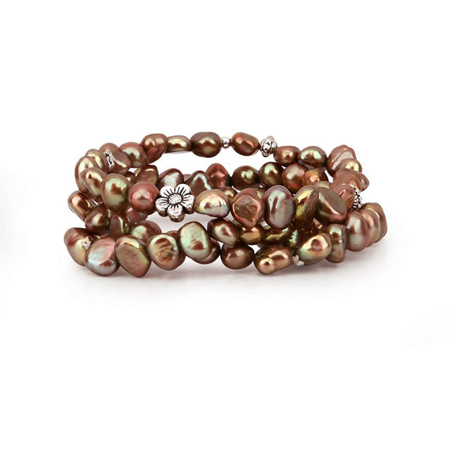7–8mm Brown Freshwater Cultured Pearl Stretch Bracelets with Base Beads, Set of 3, 7.5"