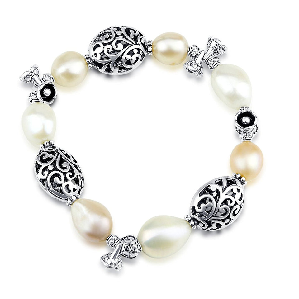 Freshwater Pearl Stretch Bracelet with Bali Beads, 7.5"