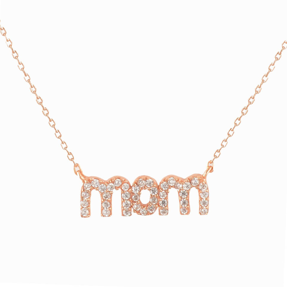 Rose-Gold-Flashed Silver CZ Pavé MOM Pendant with 18" Chain