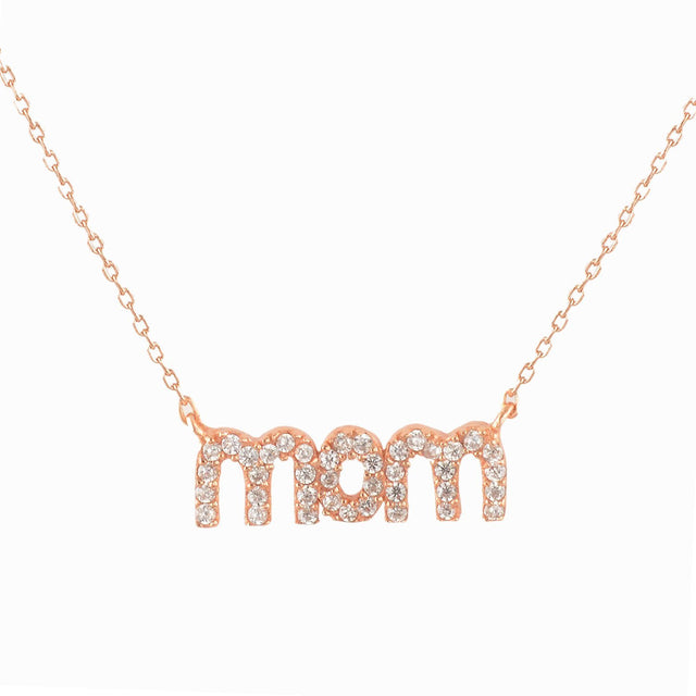 Rose-Gold-Flashed Silver CZ Pavé MOM Pendant with 18" Chain