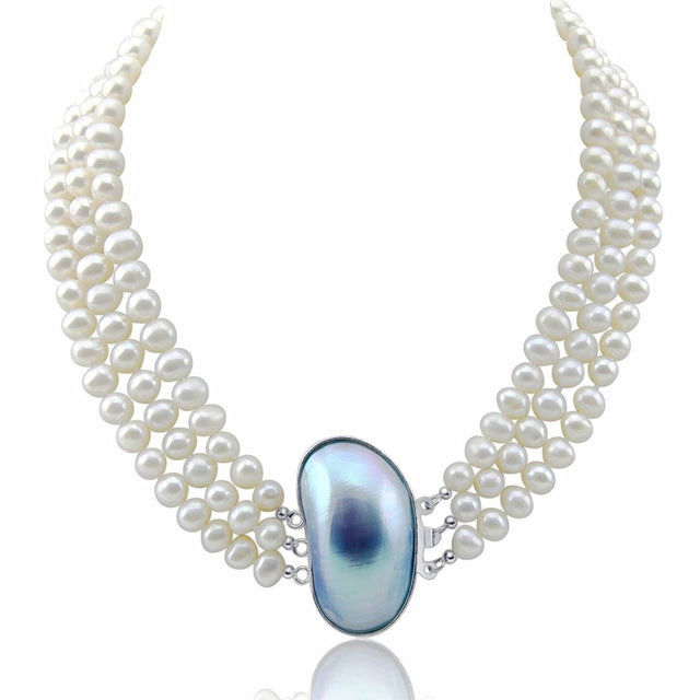 3-Row 6.5–7.5mm White Freshwater Cultured Pearl Necklace, 17", 18" and 19", with Shell Clasp