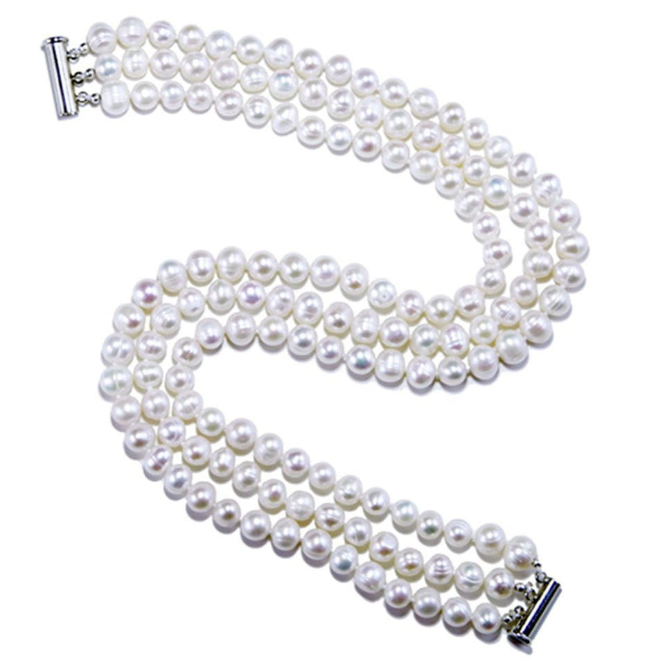 3-Row 6.5–7.5mm White Freshwater Cultured Pearl Choker Necklace, 15"