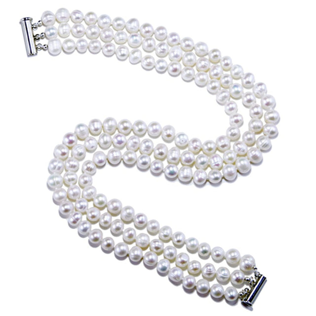 3-Row 6.5–7.5mm White Freshwater Cultured Pearl Choker Necklace, 15"