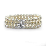 3-Row White Freshwater Cultured Pearl Bracelet, 6.5-7mm, Rhodium-Plated Clasp, 7 Inches, featuring layered white pearls and a magnetic clasp