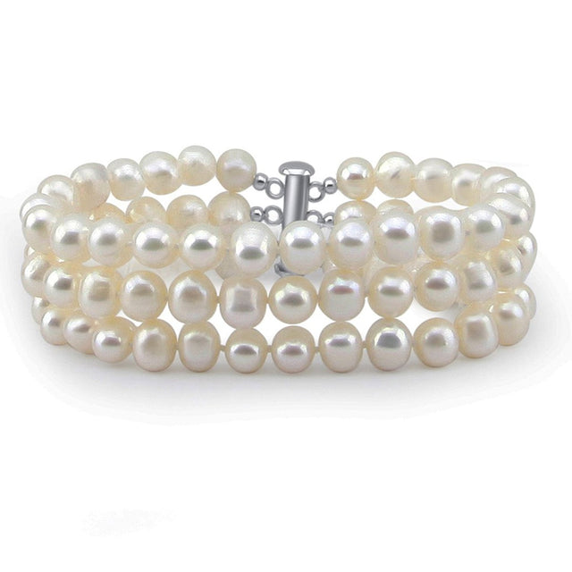 3-Row 6.5–7mm White Freshwater Pearl Bracelet, 7"