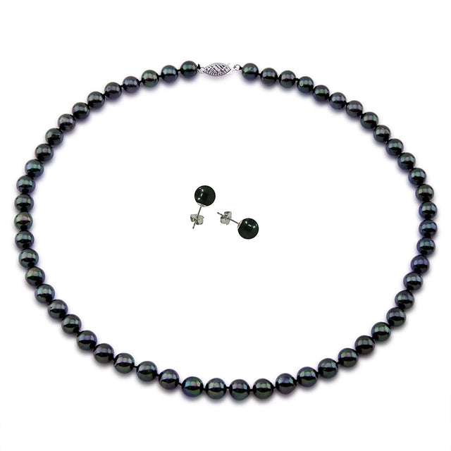 14K White Gold 7–7.5mm Black Akoya Cultured Pearl Necklace, 18", and Earring Set